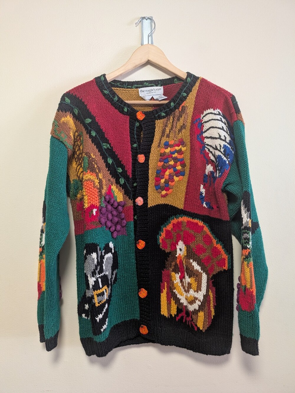 Vintage The Eagle's Eye Thanksgiving Chunky Knit Cardigan Turkey Sweater S